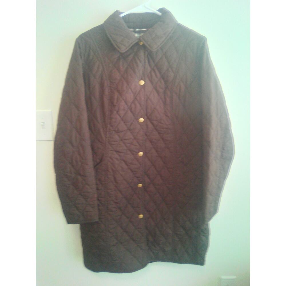 Land’s End Women’s Quilted Snap Front Jacket Brown Plaid Lined Coat Size M